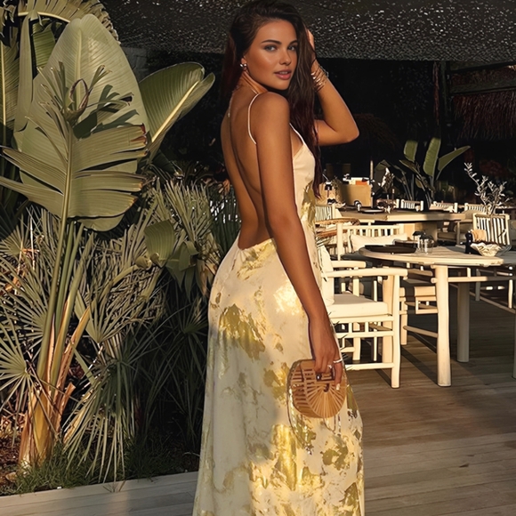 Commense - Metallic Print V-Neck Backless Slip Long Dress - Picture 3 of 3